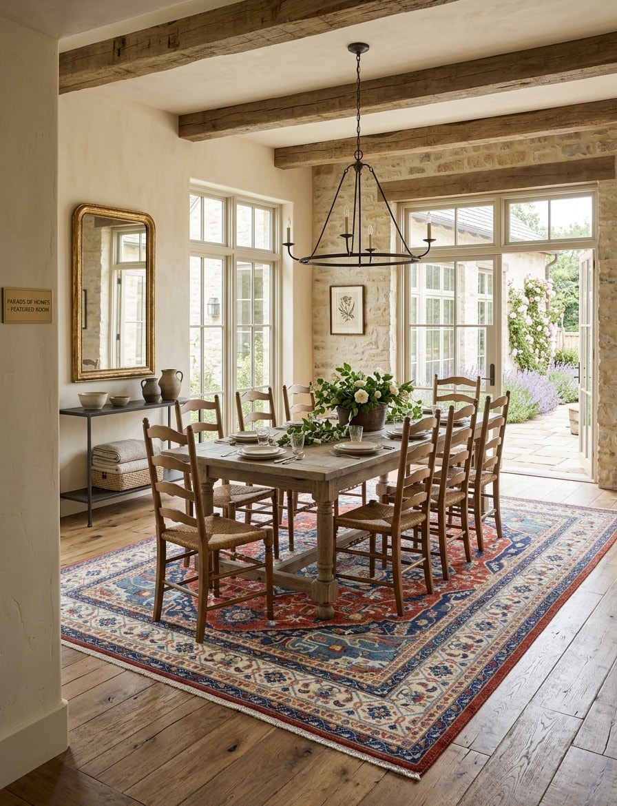 Mediterranean living room styled with an ornate rug