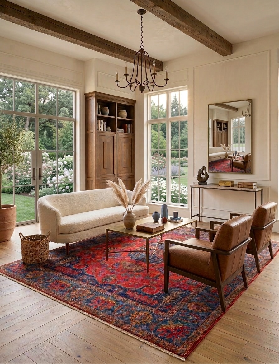 Modern living room with curved chair and rug