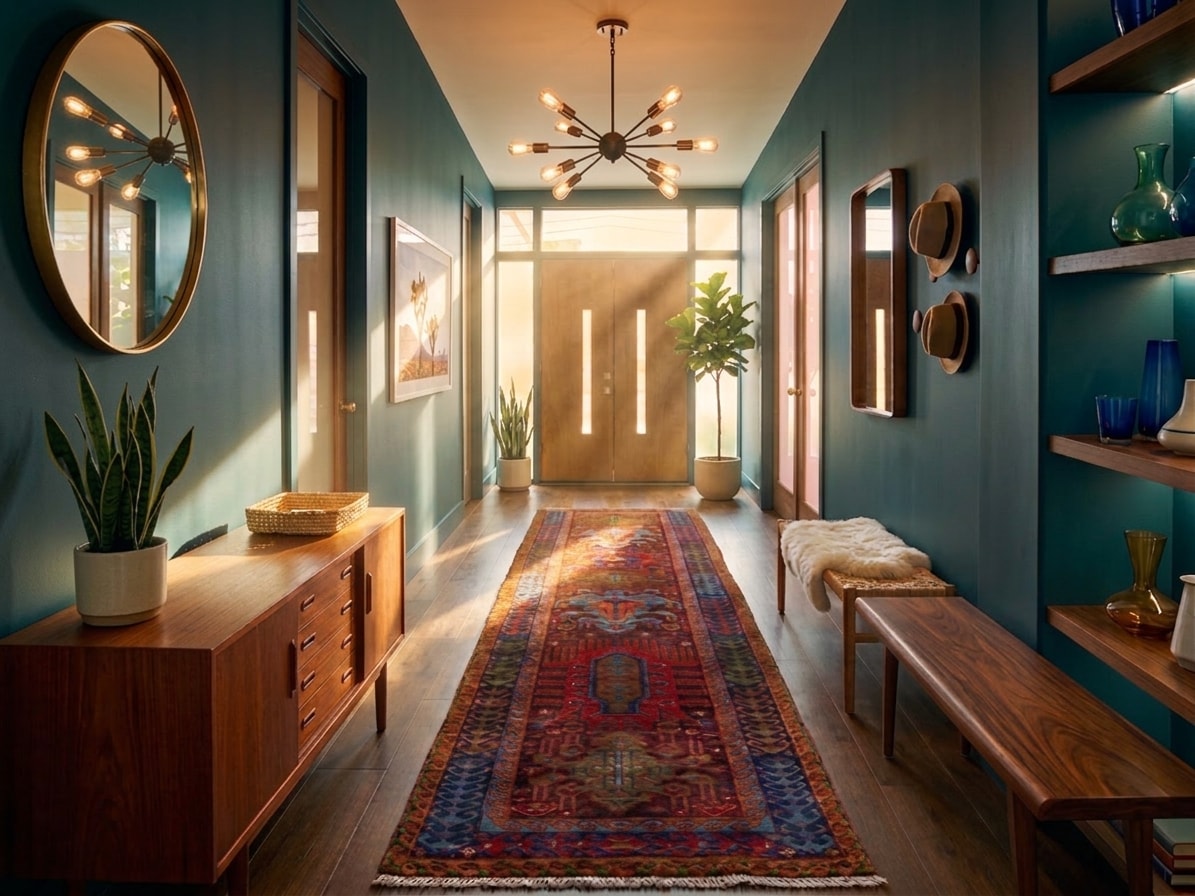 Modern entryway with teal walls and rug